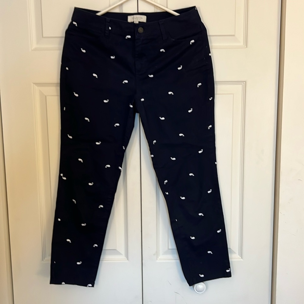 Talbot’s ankle length navy pants with white embroidered whales, 8P